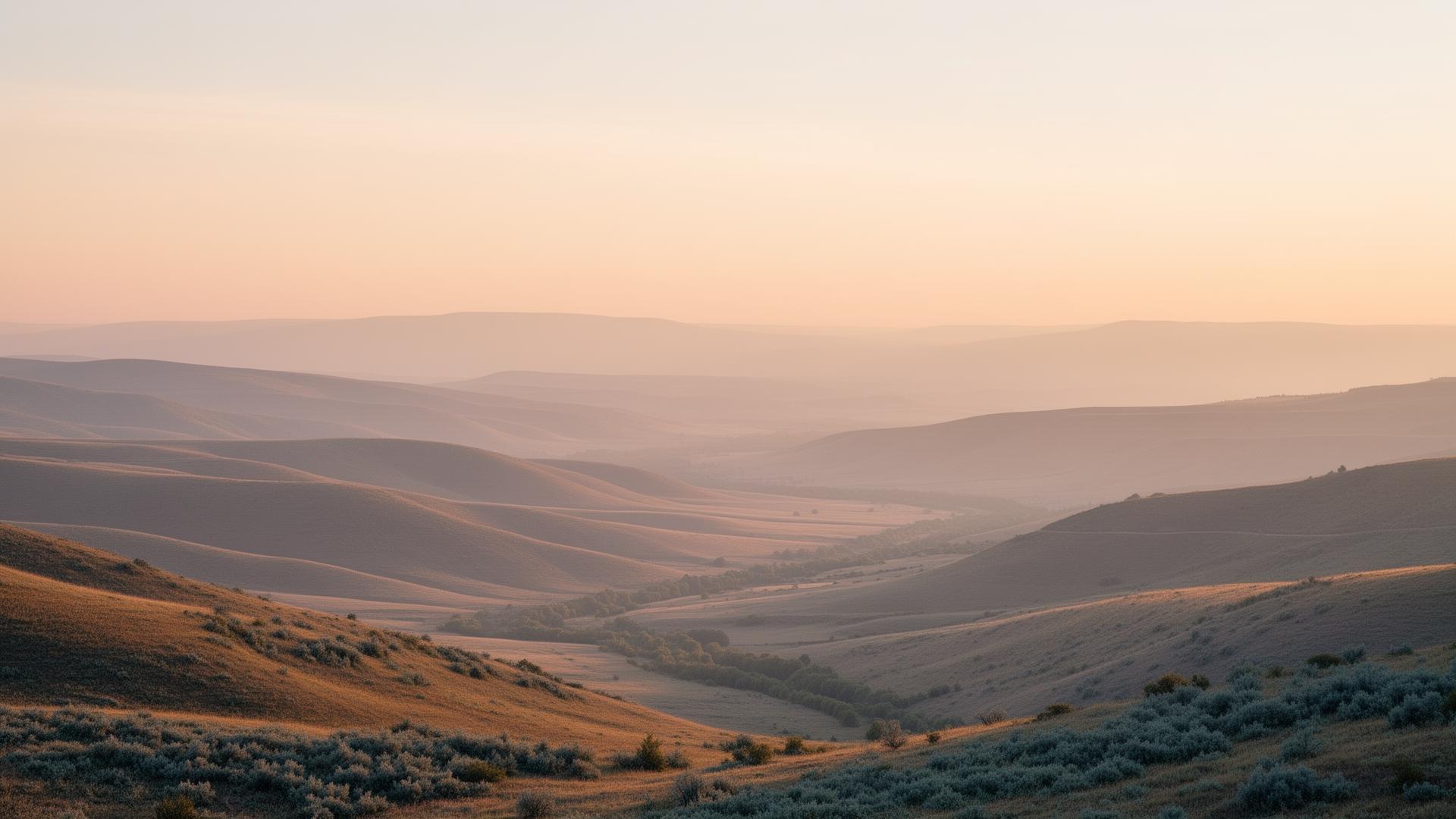 Weite Hügellandschaft im Morgenlicht — Sinnbild für Weitblick und Zukunft.